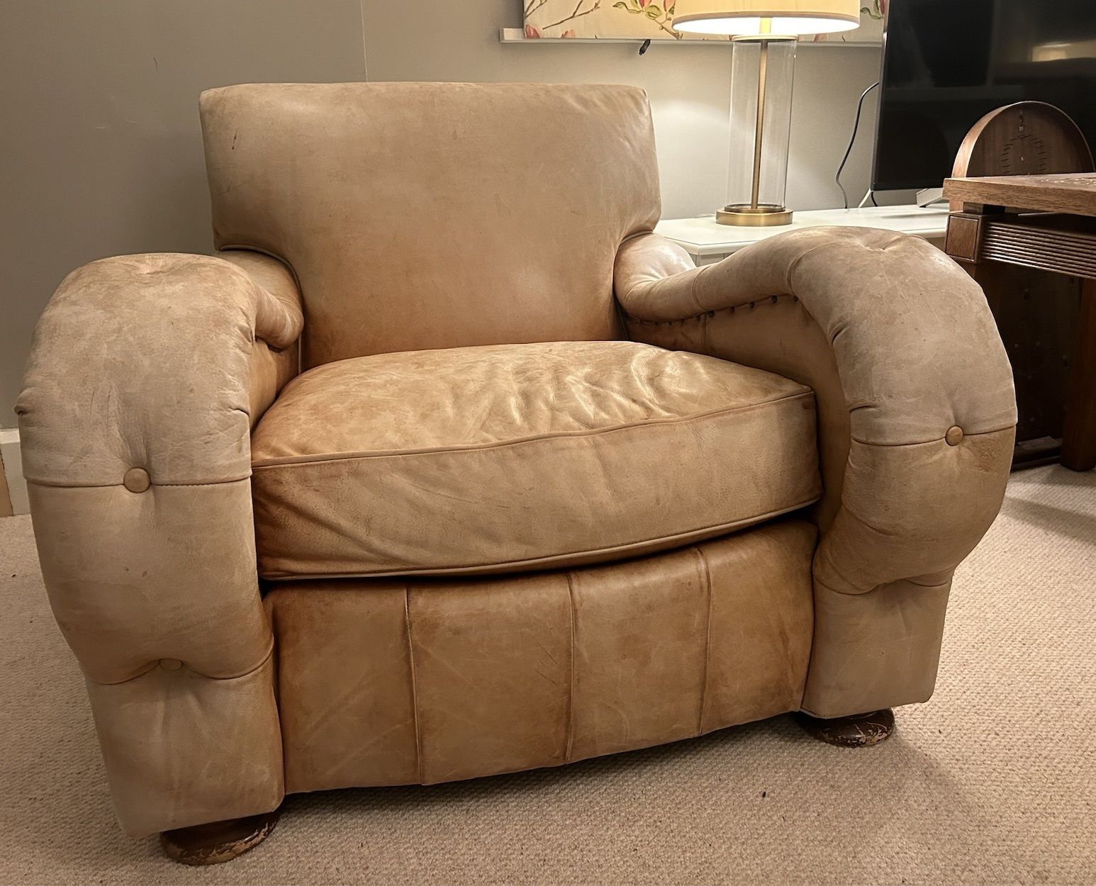 Tan William Alan Leather And Stud Arm Chair And Humidor Footstool