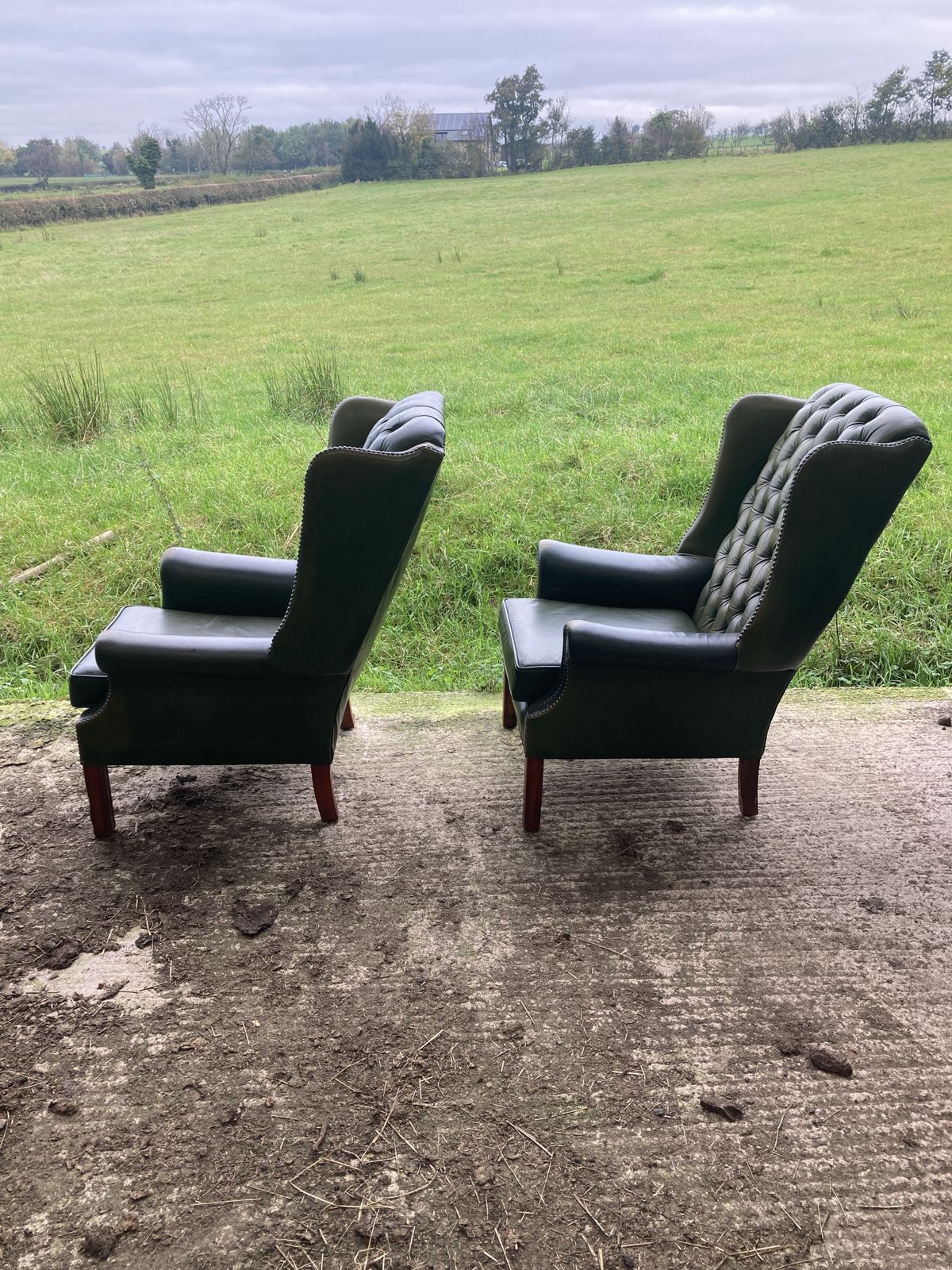Pair Of Chesterfield Leather Wingback, Queen Anne Style Lounge Chairs photo vintage