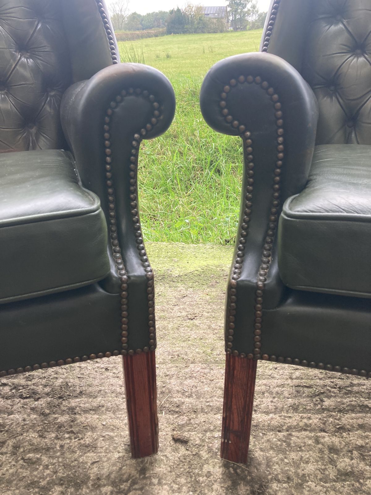 photo for sale Pair Of Chesterfield Leather Wingback, Queen Anne Style Lounge Chairs