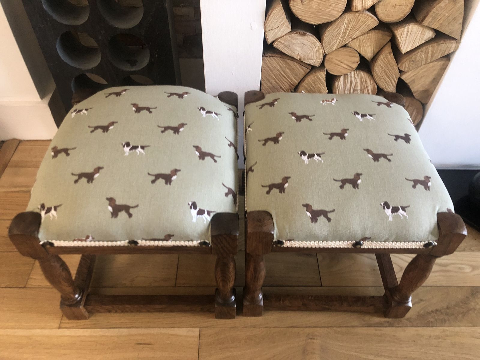 Beautifully Renovated Matching Pair Oak Footstools Sophie Allport Spaniels photo vinterior