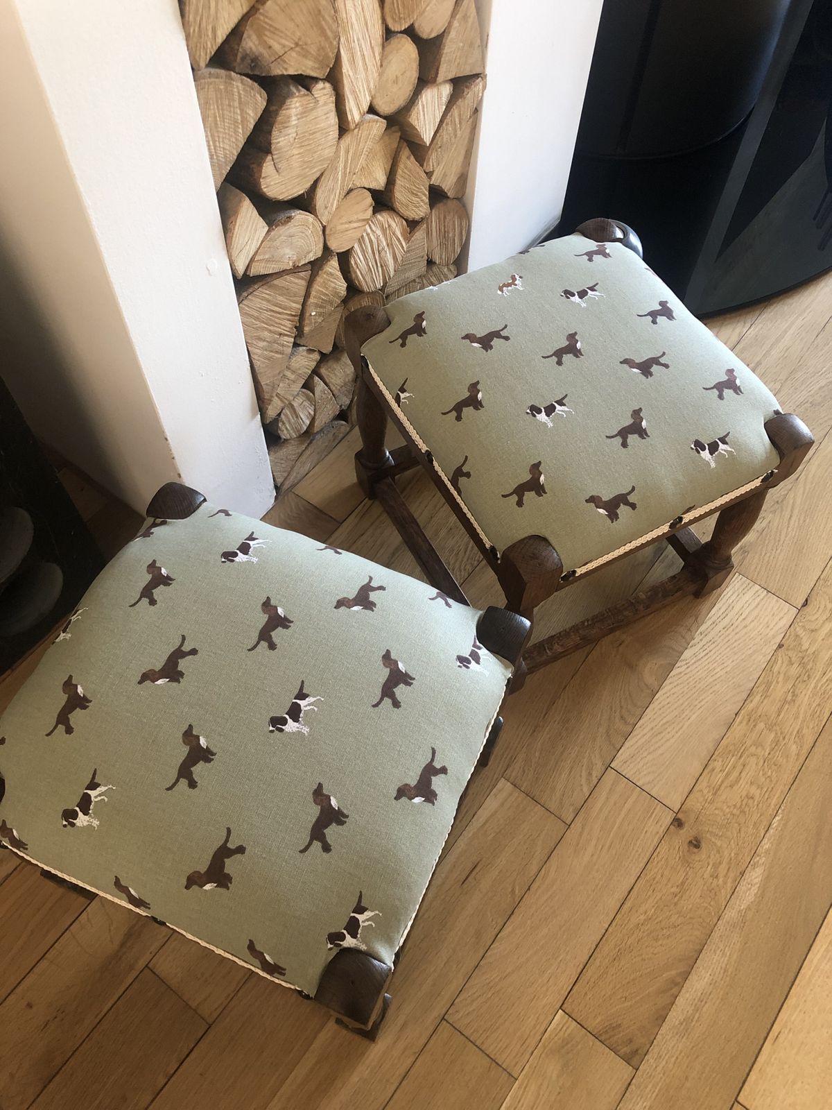 Beautifully Renovated Matching Pair Oak Footstools Sophie Allport Spaniels photo buy