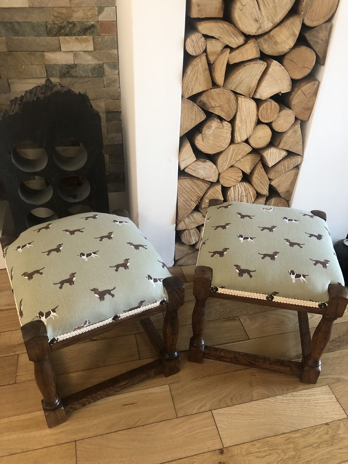 Beautifully Renovated Matching Pair Oak Footstools Sophie Allport Spaniels photo vintage