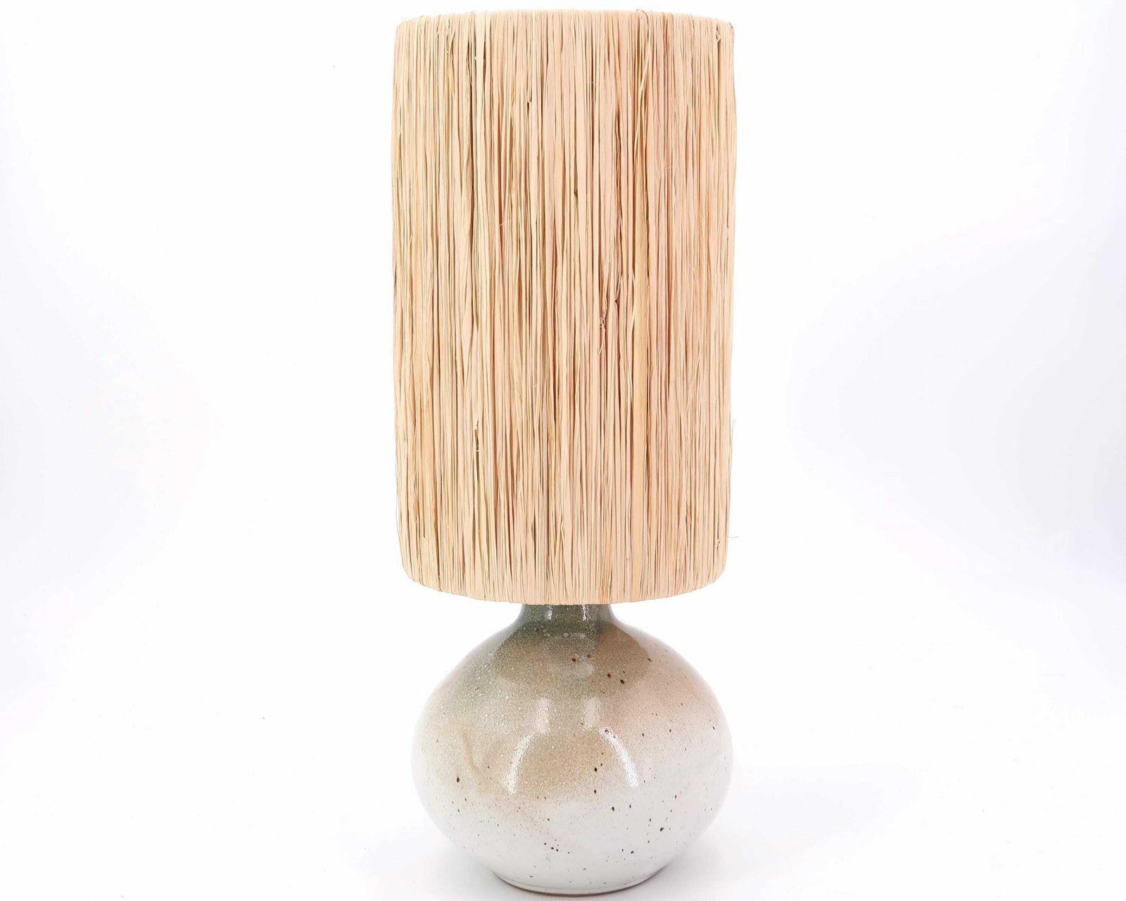 French Potter Ceramic Table Lamp, Raffia Lampshade, 1970s / Stoneware, Vintage, Beige, Pale Green, Grey, Boho Chic, Lighting