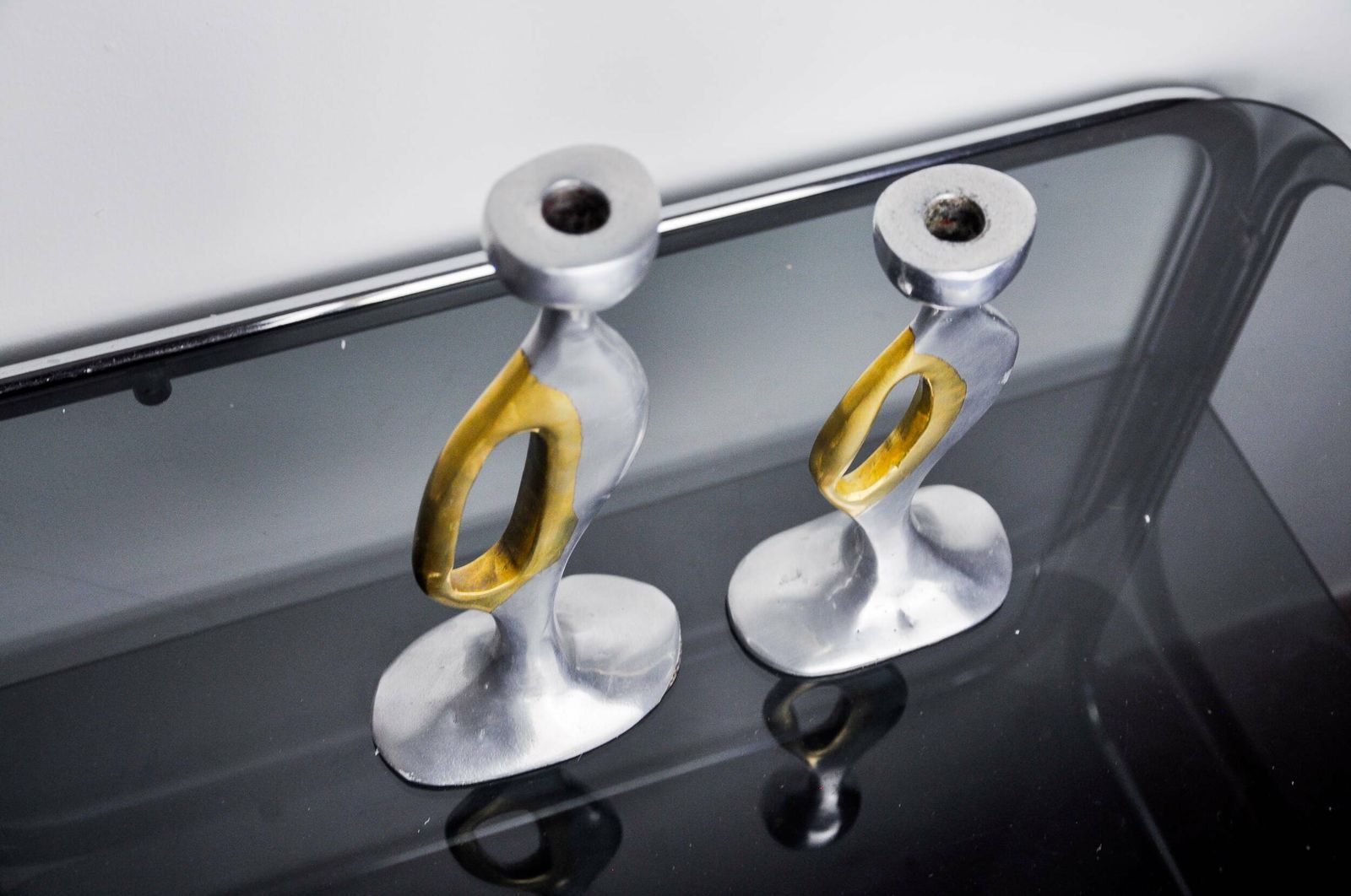 Pair Of Brutalist Candlesticks By Léopold, Bronze And Aluminum, Spain, 1970 photo vinterior