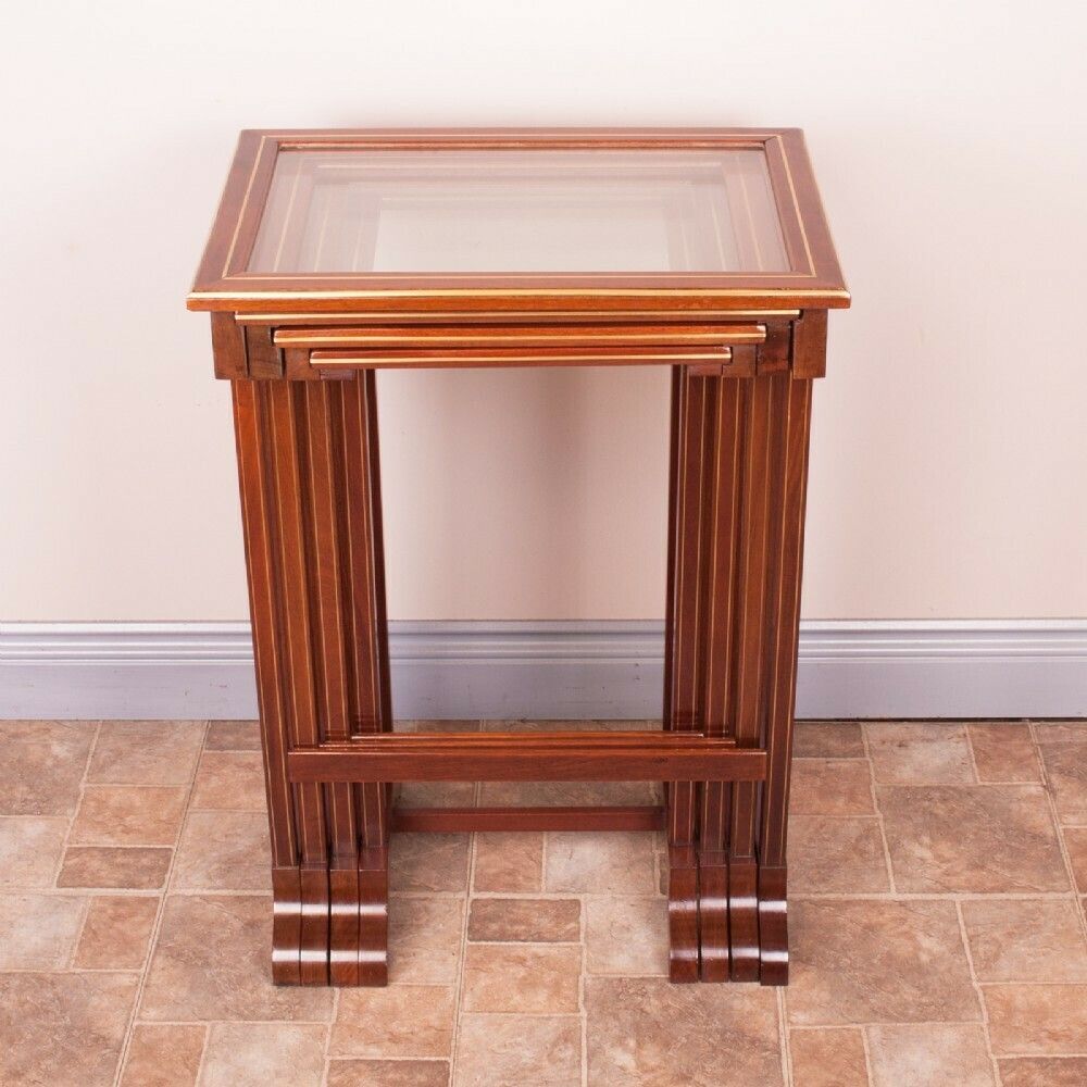 photo vinterior Good Quality French Brass Inlaid Mahogany Quartetto Nest Of Tables