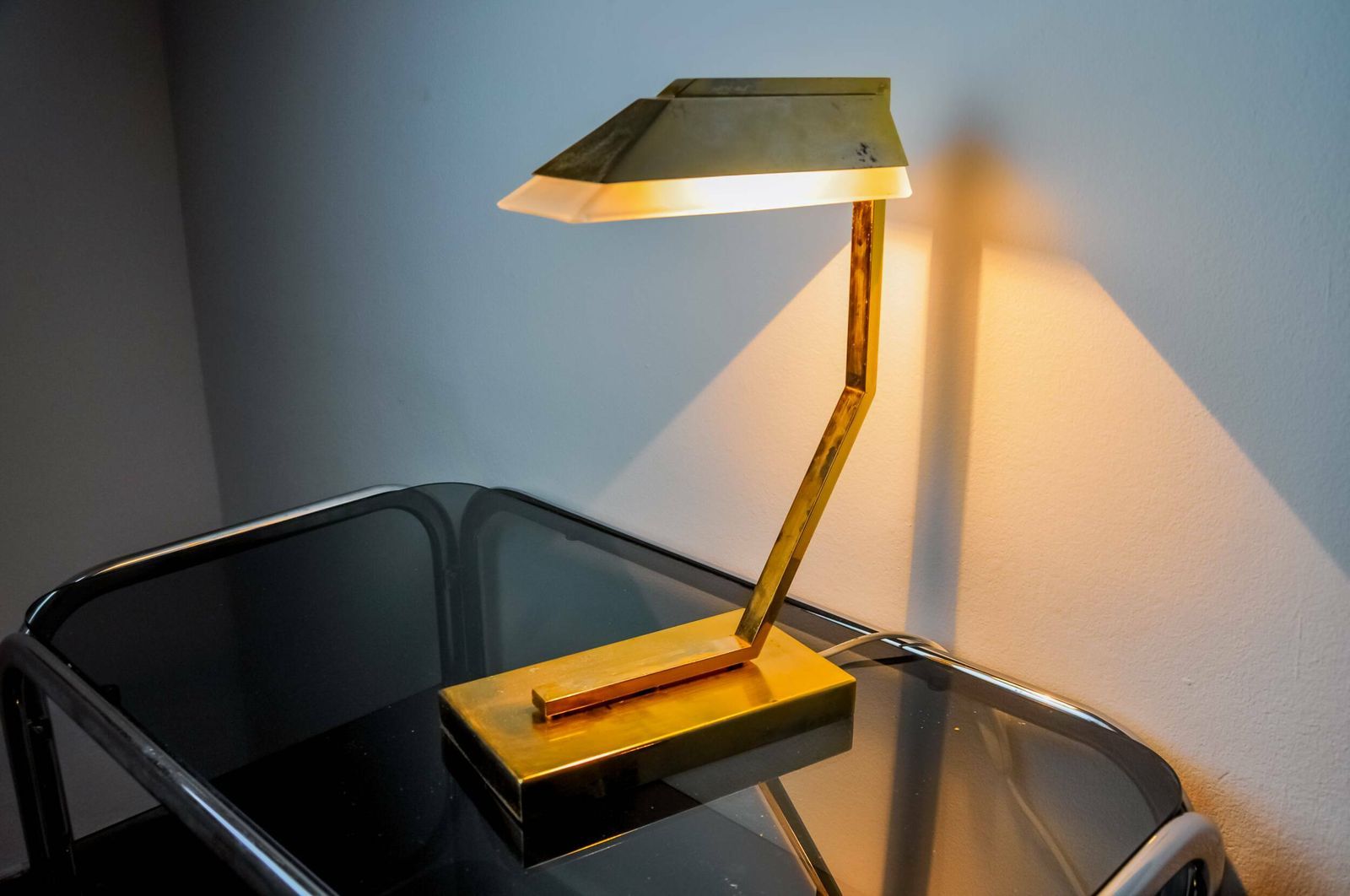 Geometric Art Deco Lamp, Brass And Smoked Glass, Spain, 1970 photo furniture