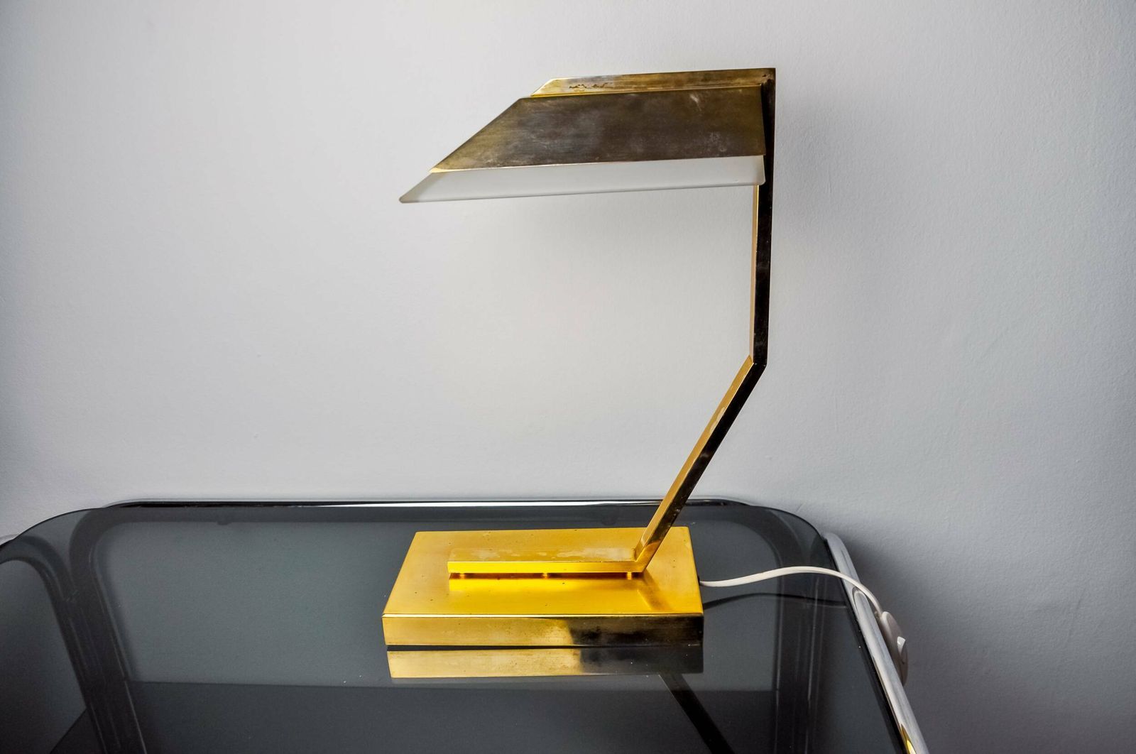 Geometric Art Deco Lamp, Brass And Smoked Glass, Spain, 1970 photo for sale