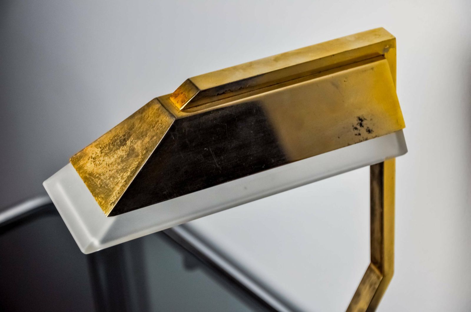 Geometric Art Deco Lamp, Brass And Smoked Glass, Spain, 1970 photo vinterior
