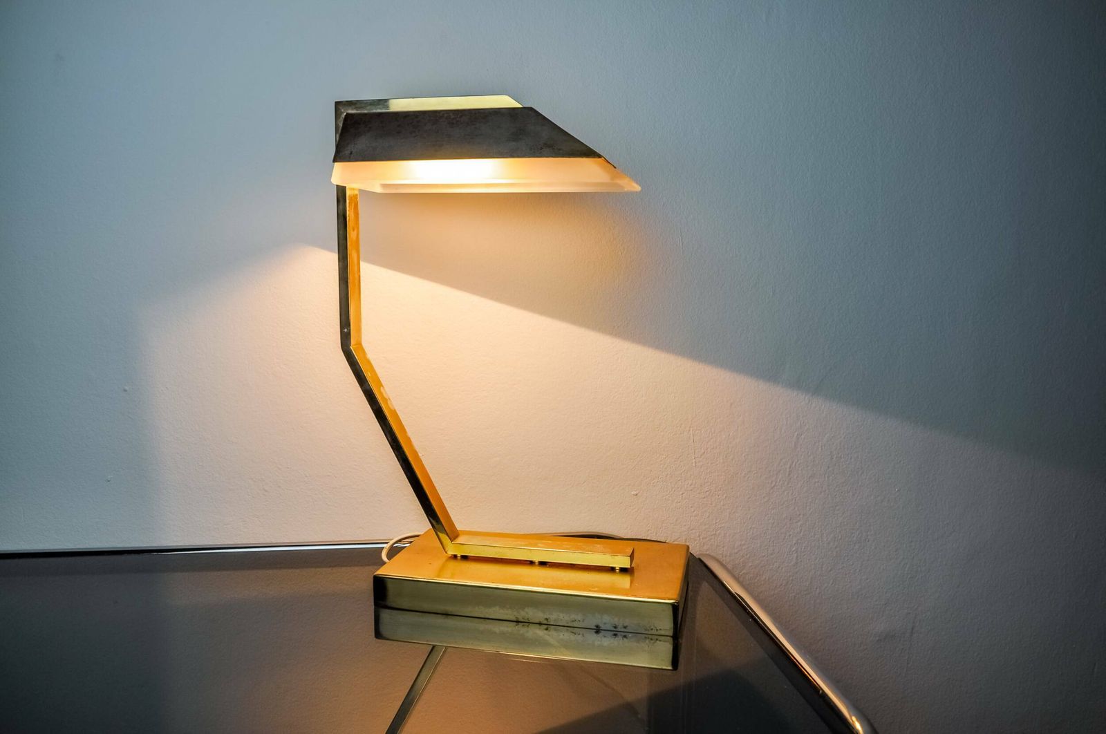 Geometric Art Deco Lamp, Brass And Smoked Glass, Spain, 1970 photo vintage
