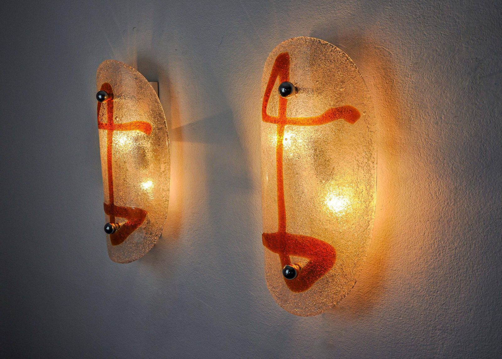 Pair Of Xl Wall Lights By Murano Mazzega In Orange Frosted Glass Italy 1970 photo 1458.0