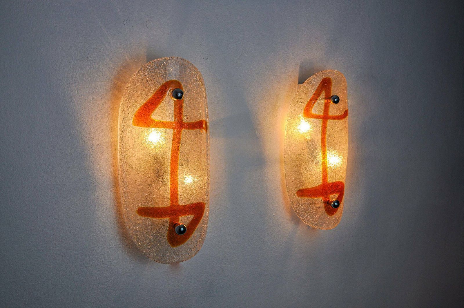 Pair Of Xl Wall Lights By Murano Mazzega In Orange Frosted Glass Italy 1970 photo vinterior
