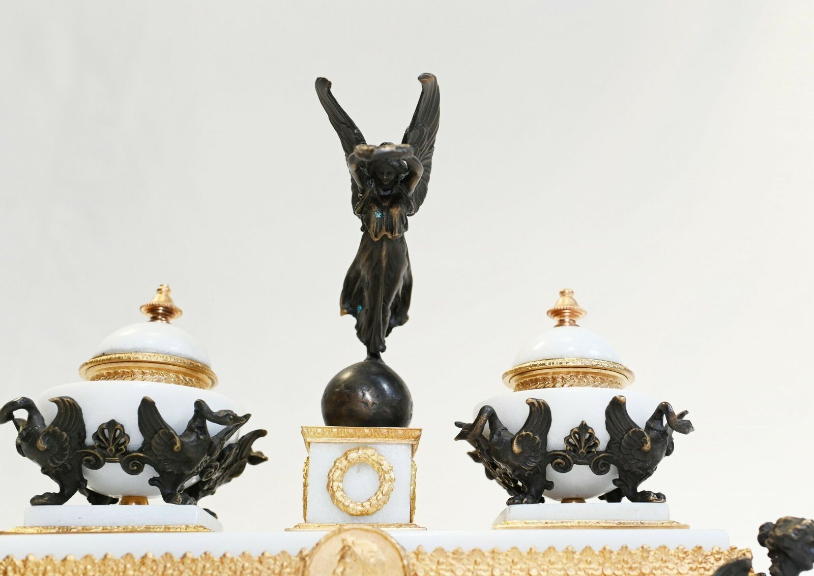 French Empire Marble Inkwell Bronze Sphinx Table photo for sale