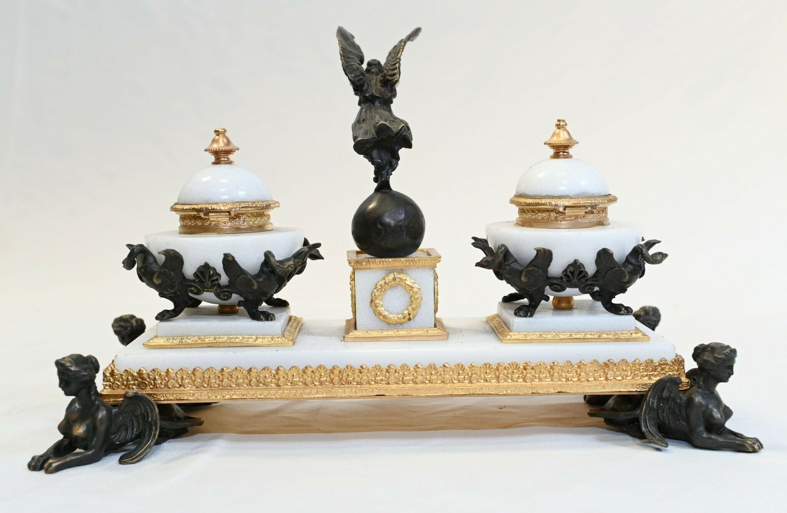 French Empire Marble Inkwell Bronze Sphinx Table photo 440.0