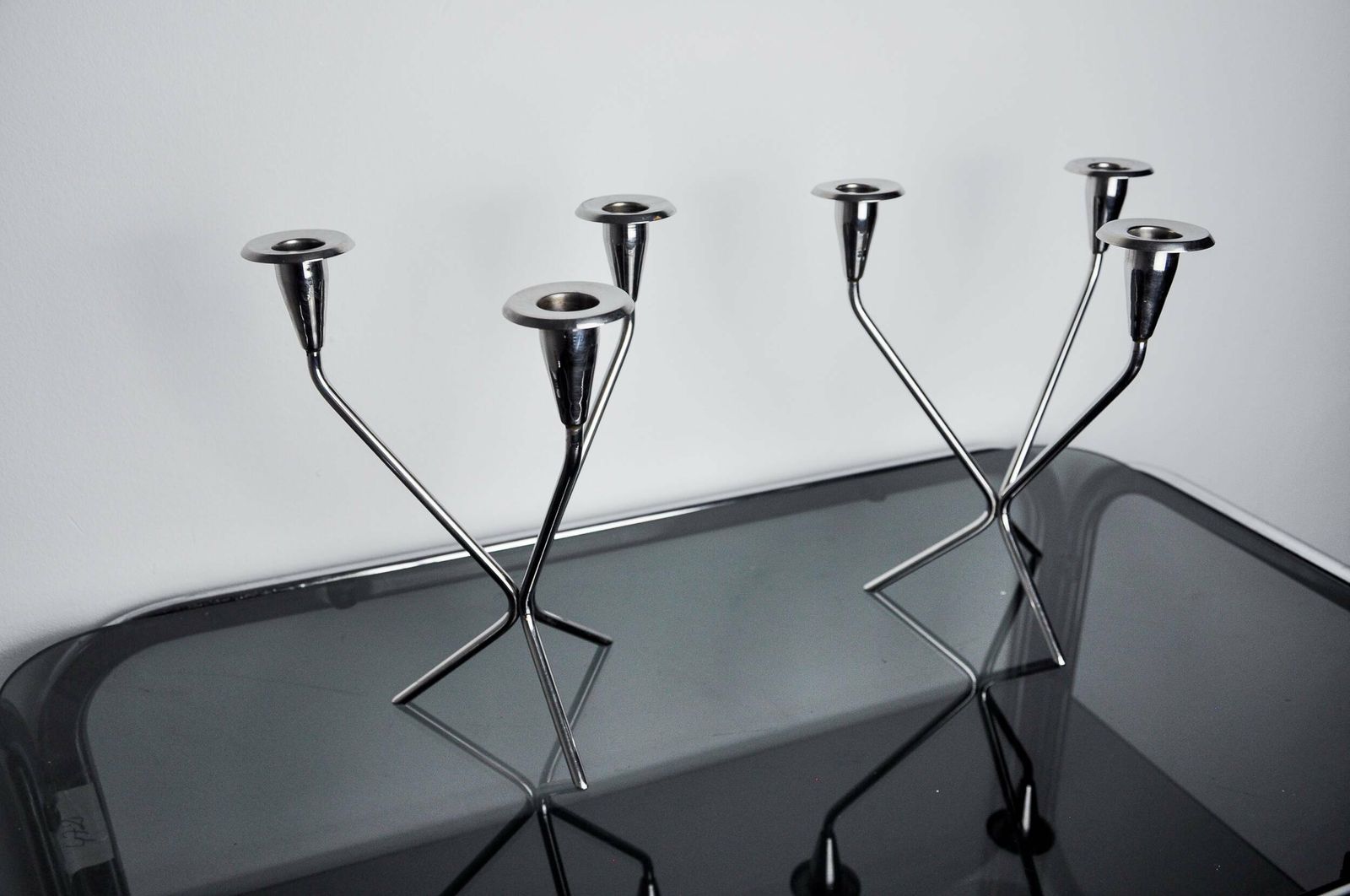 Pair Of Art Deco Stainless Steel 3 Flame Candlesticks, Spain, 1970 photo 918.0