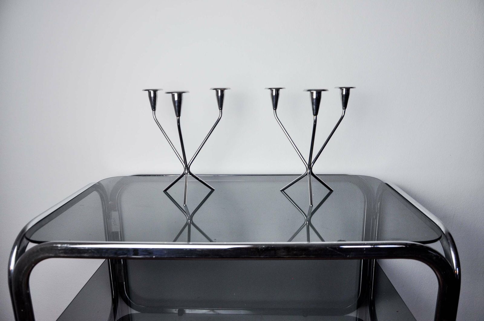 Pair Of Art Deco Stainless Steel 3 Flame Candlesticks, Spain, 1970 photo vinterior