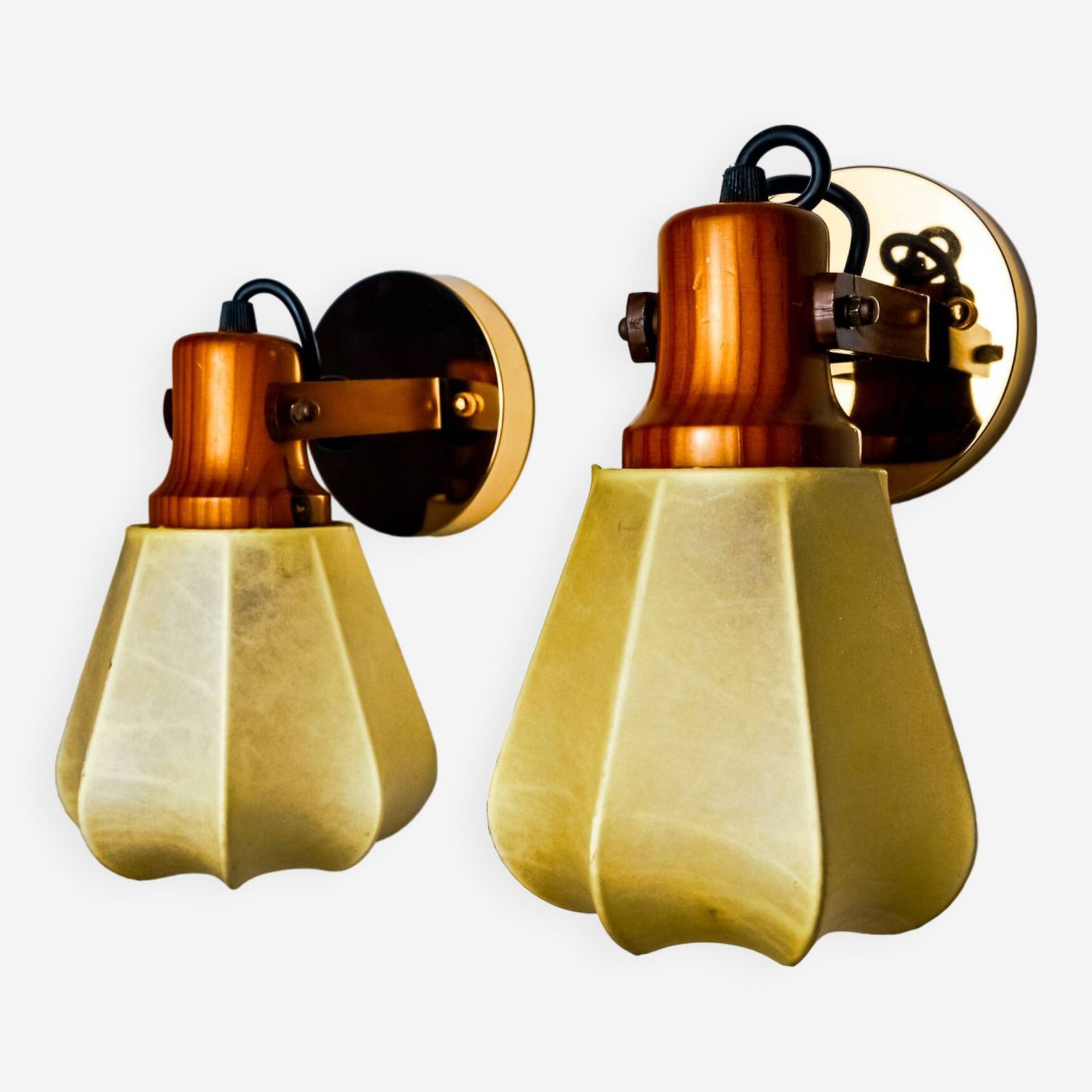Pair Of Articulated "Cocoon" Wall Lights In Resin And Pine, Italy, 1970