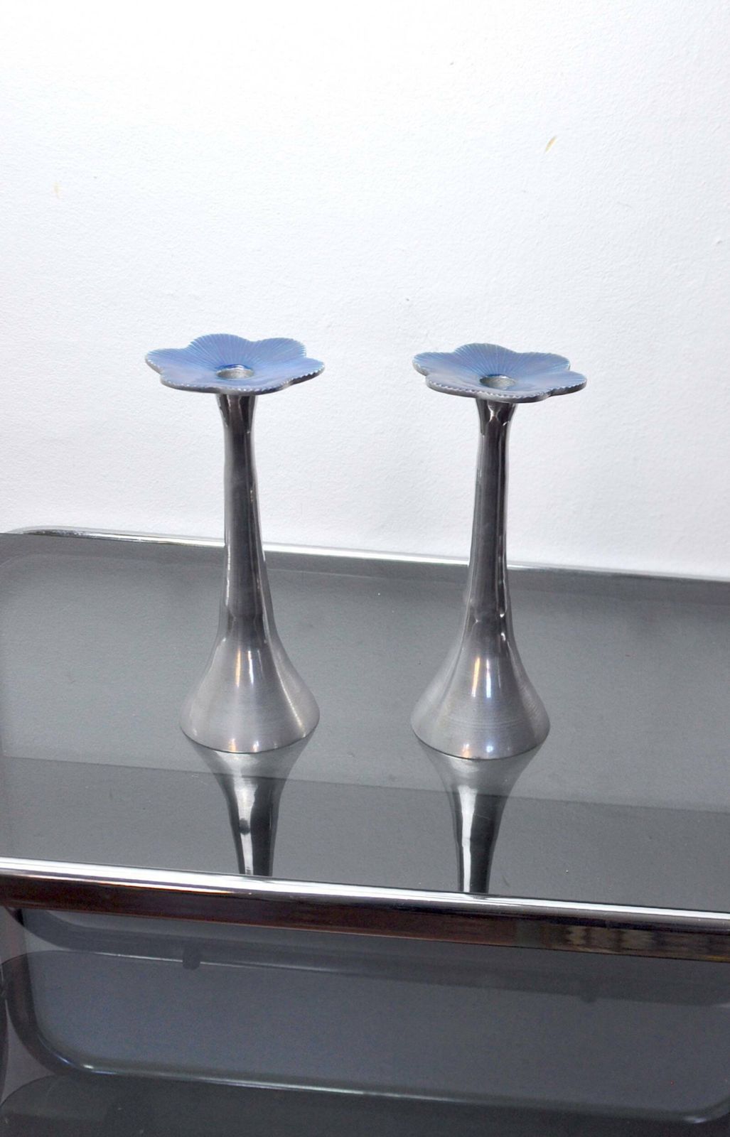 Pair Of Floral Candlesticks By Art3, Aluminum And Blue Enameled Ceramic, Spain, 1980 photo for sale