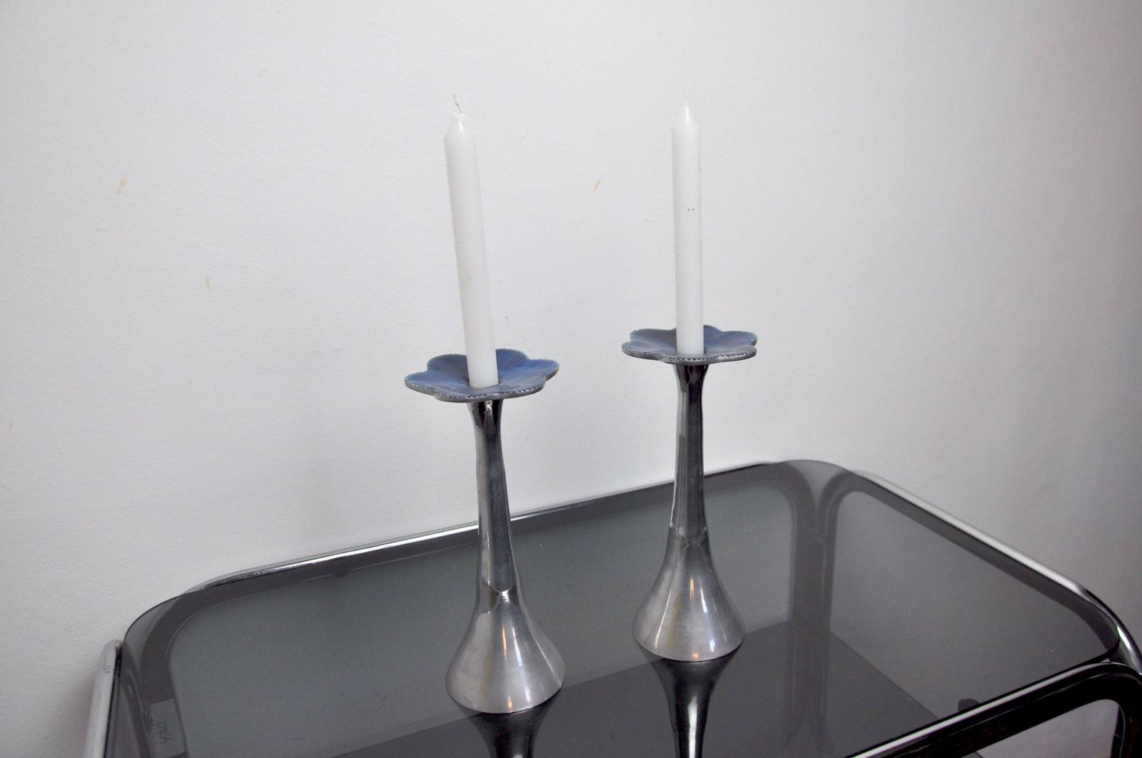 Pair Of Floral Candlesticks By Art3, Aluminum And Blue Enameled Ceramic, Spain, 1980 photo 702.0