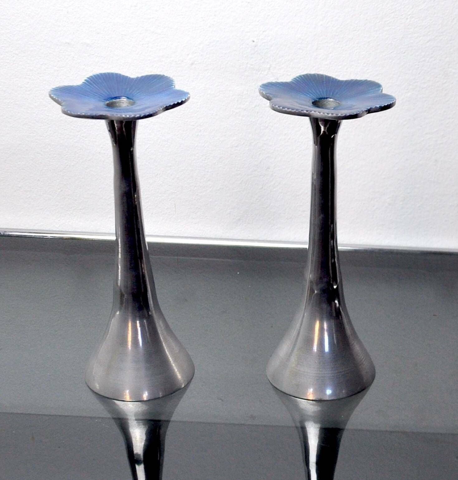 photo for sale Pair Of Floral Candlesticks By Art3, Aluminum And Blue Enameled Ceramic, Spain, 1980