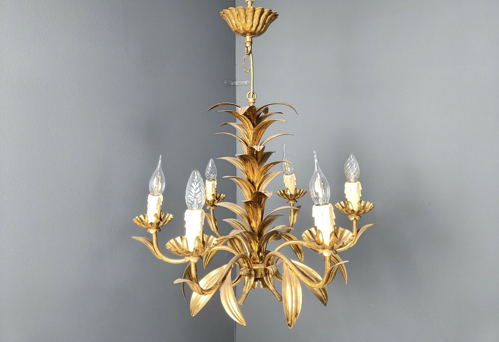 Vintage Gilt Metal Pineapple Leaf Chandelier, 1960s photo furniture