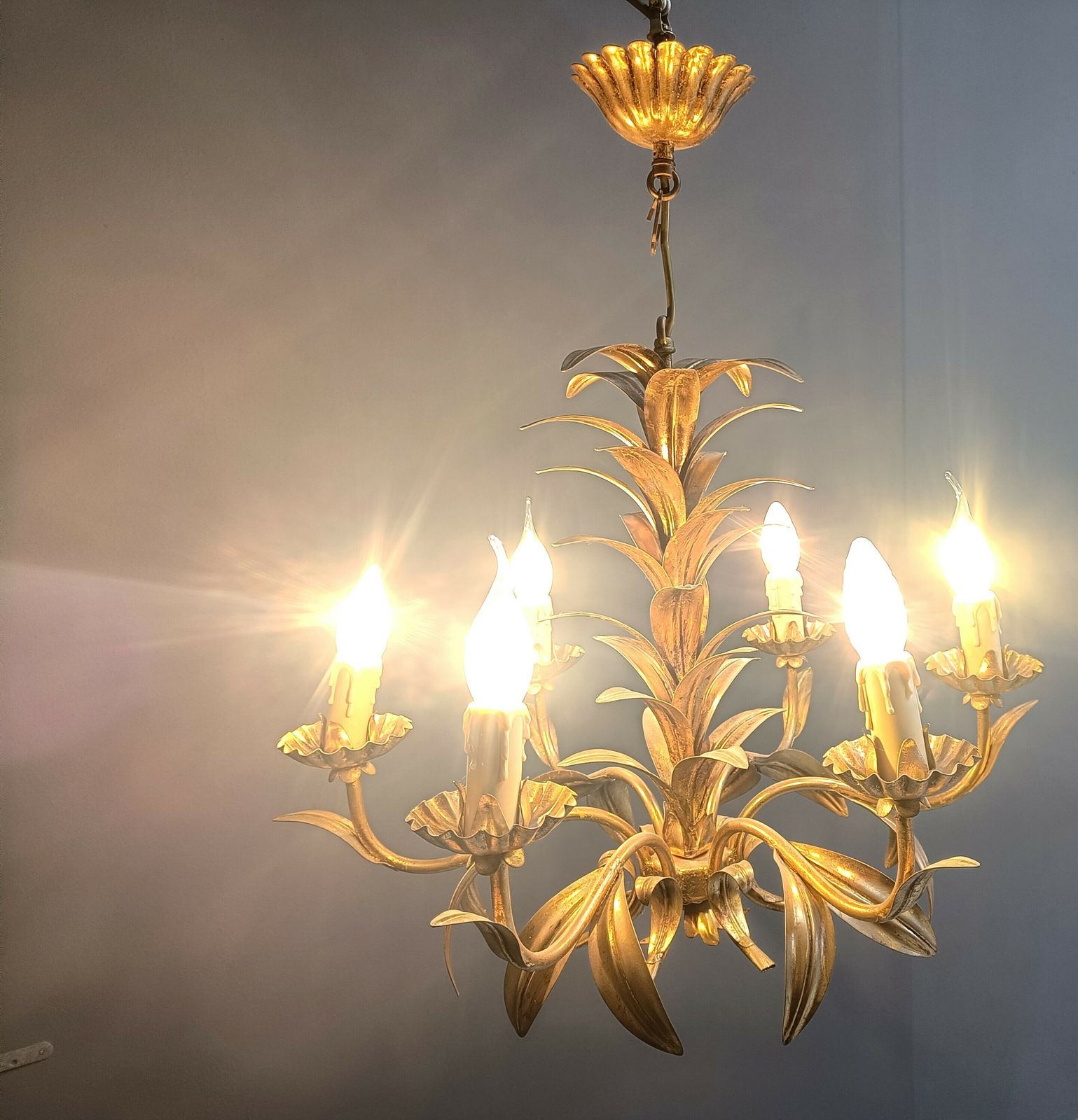Vintage Gilt Metal Pineapple Leaf Chandelier, 1960s photo buy