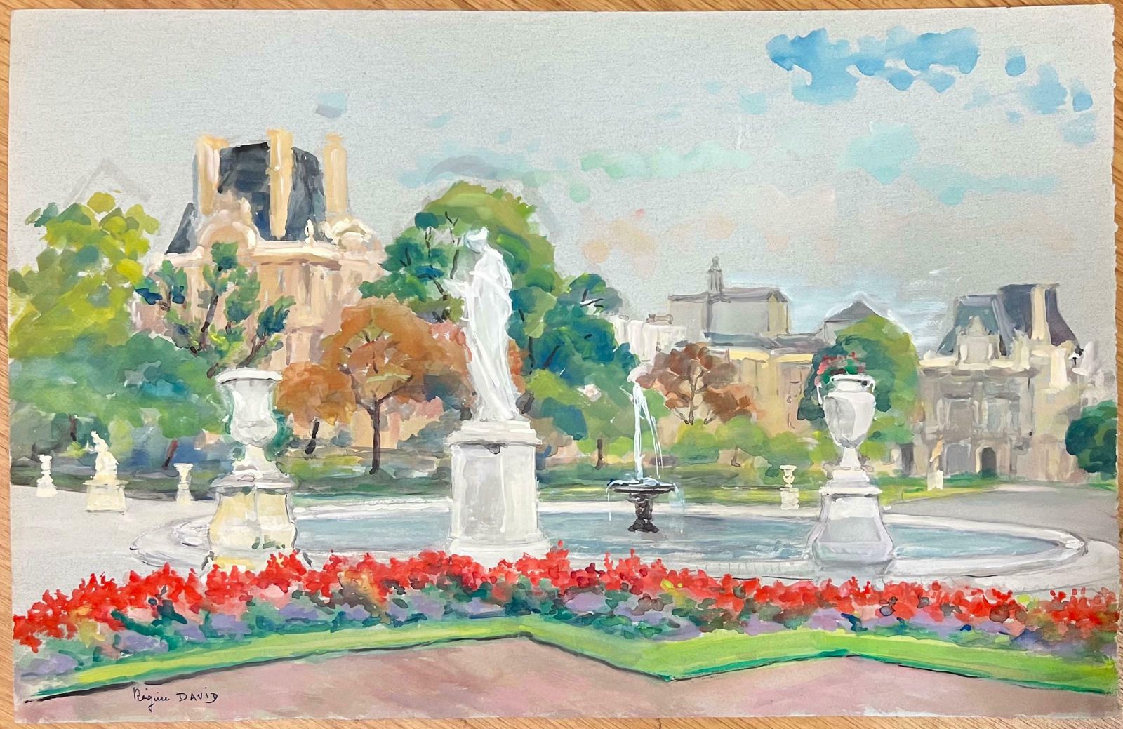 Regine Davidjardins Du Tuilieries Paris Park Scene Flowers & The Louvre 1950's French Oil1950's photo furniture