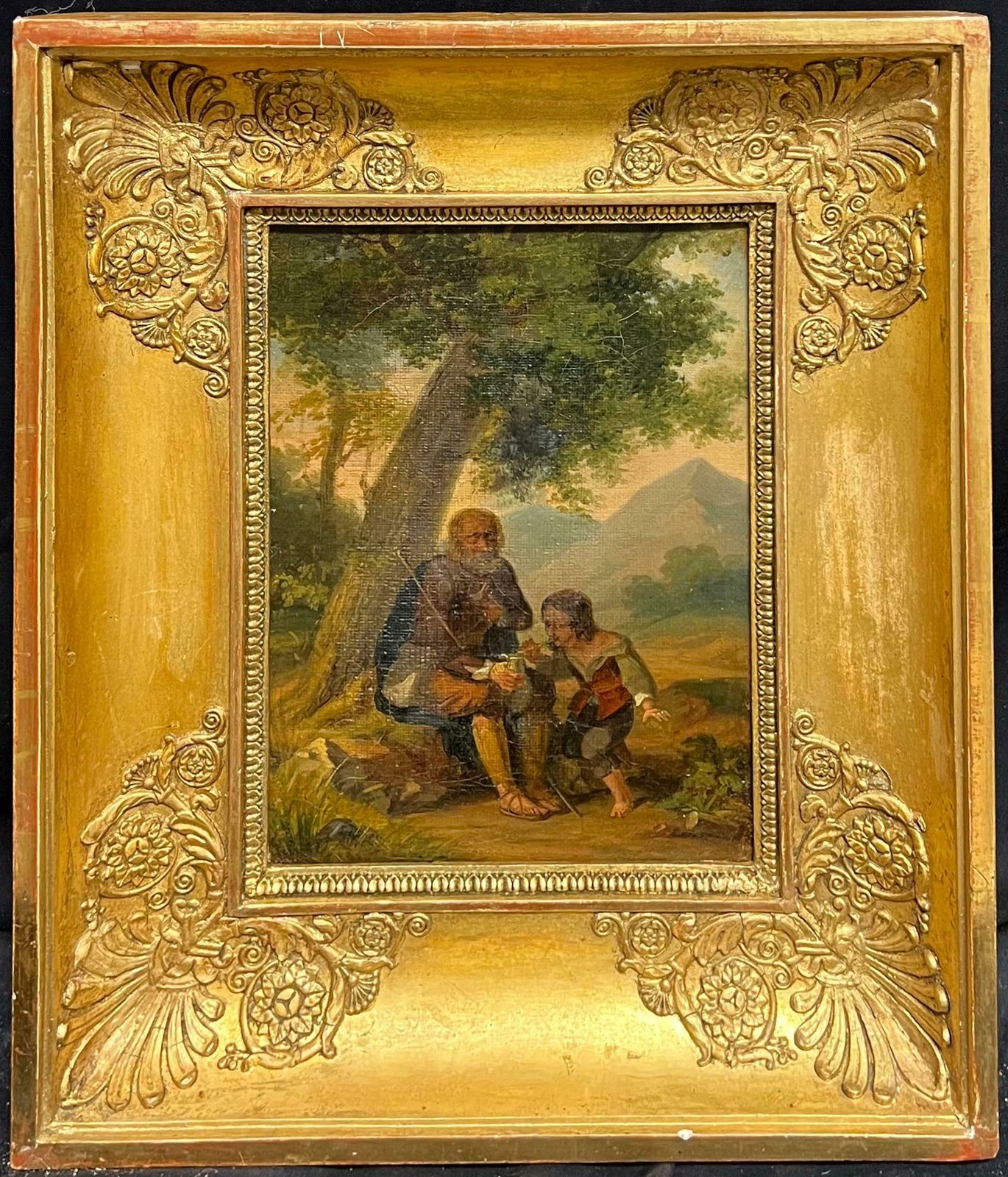French Schoolcharming 1800's Painting Of An Elderly Man And Boy In A Pastoral Landscape19th Century