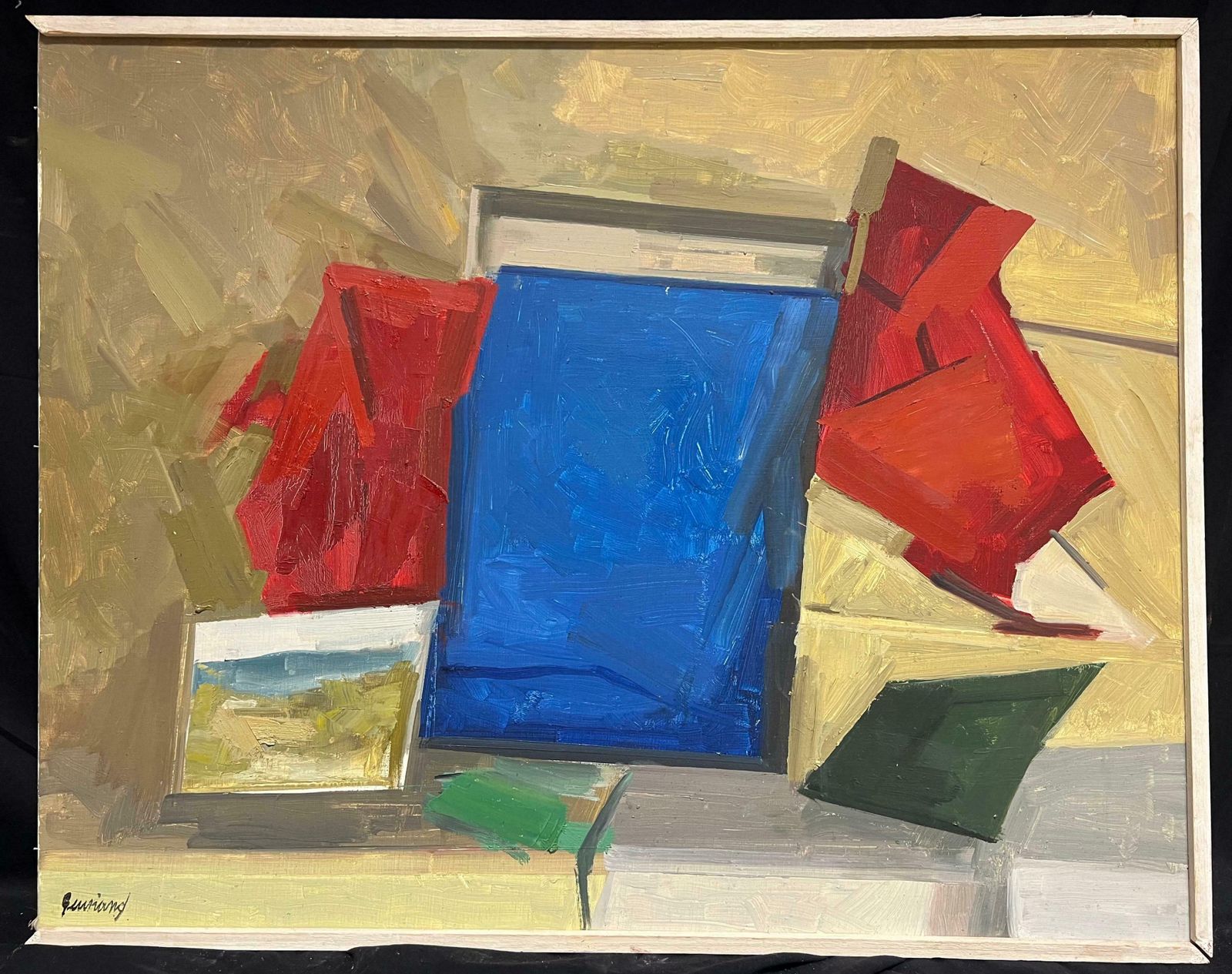 René Guinand (1892 1983)vibrant Mid Century Abstract Geometric Composition Bold Color Oil Painting 1970's photo furniture