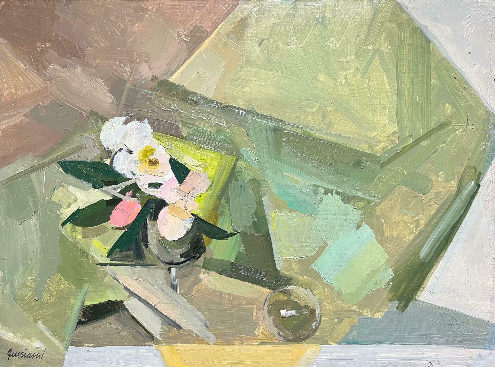 René Guinand (1892 1983)abstract Modernist Floral Still Life Geometric Oil Painting Soft Pastel Colors1977