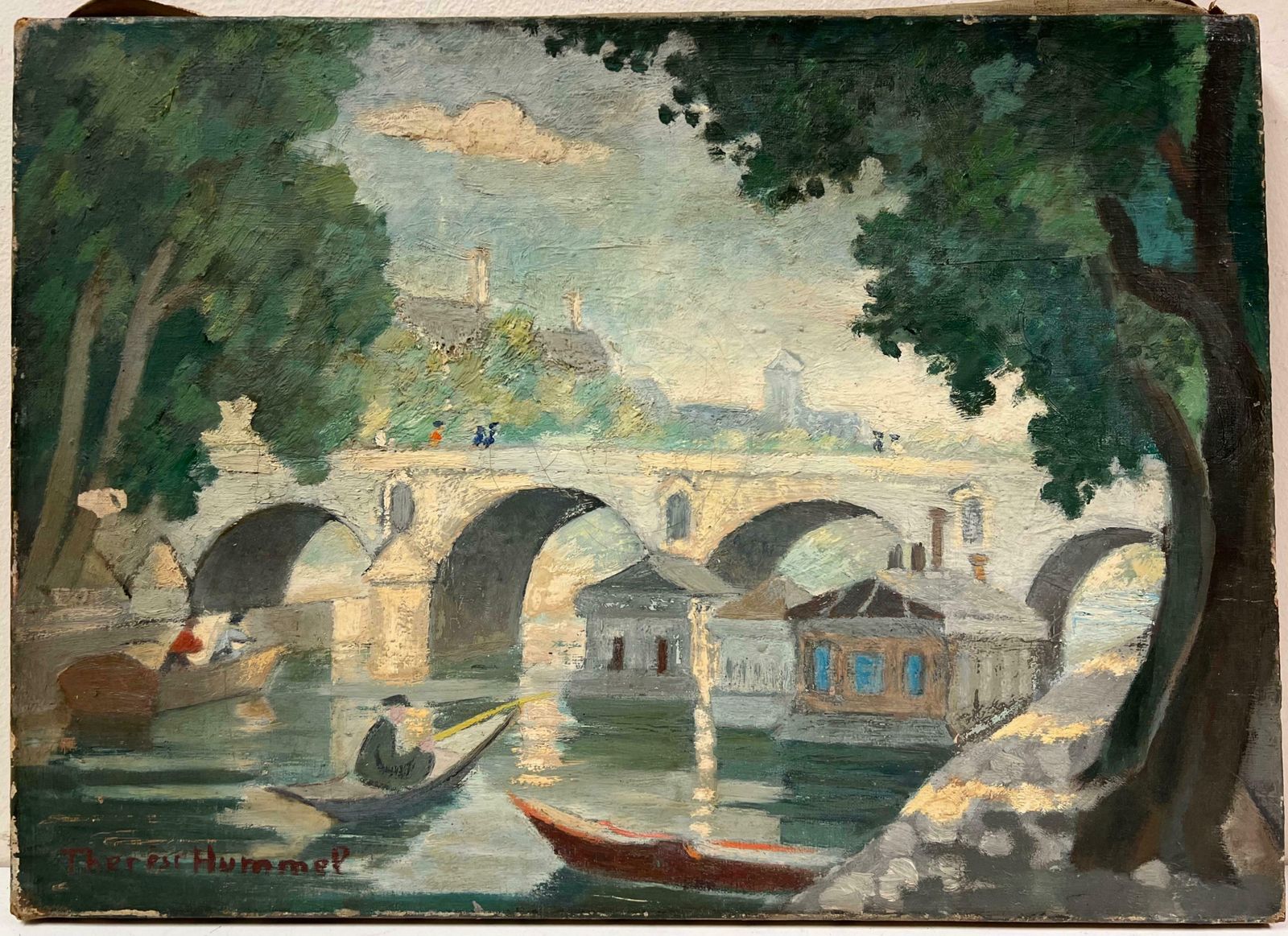 Therese Hummelmid 20th Century French Oil Riverside Scene With Figures Rowing And Stone Bridge1942 photo furniture