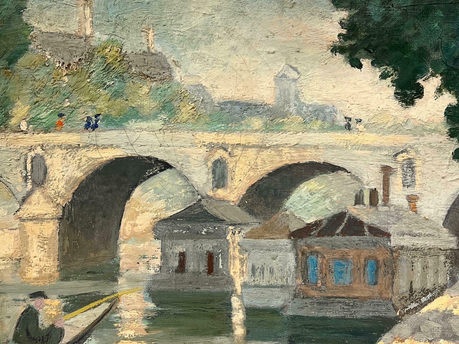 Therese Hummelmid 20th Century French Oil Riverside Scene With Figures Rowing And Stone Bridge1942 photo for sale