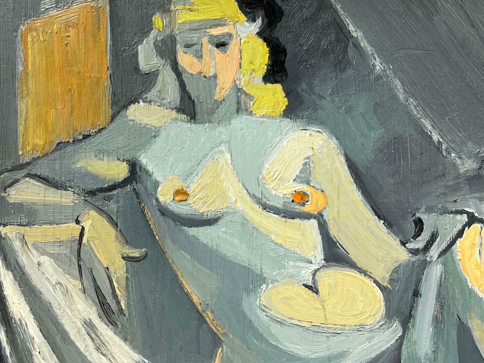 Therese Hummel Mid 20th C French Oil Cubist Nude Portrait Of A Blonde Woman In A Grey Interior1950 photo for sale
