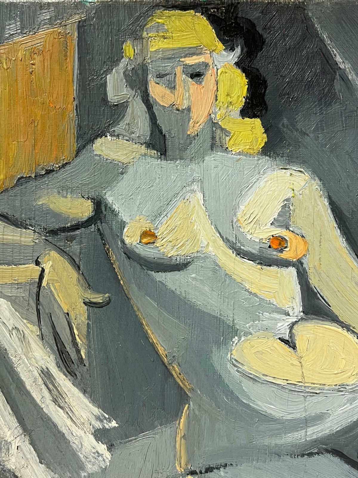 Therese Hummel Mid 20th C French Oil Cubist Nude Portrait Of A Blonde Woman In A Grey Interior1950 photo vinterior