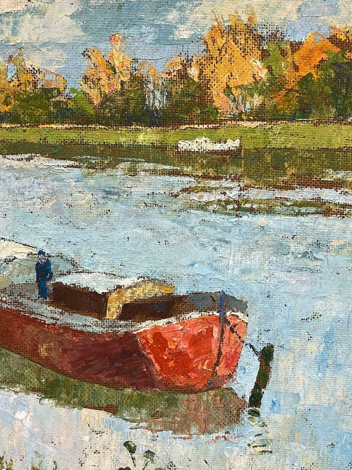 French Schoolmid 20th Century French Modernist Signed Oil River Scene With Red House Boat photo 1313.0