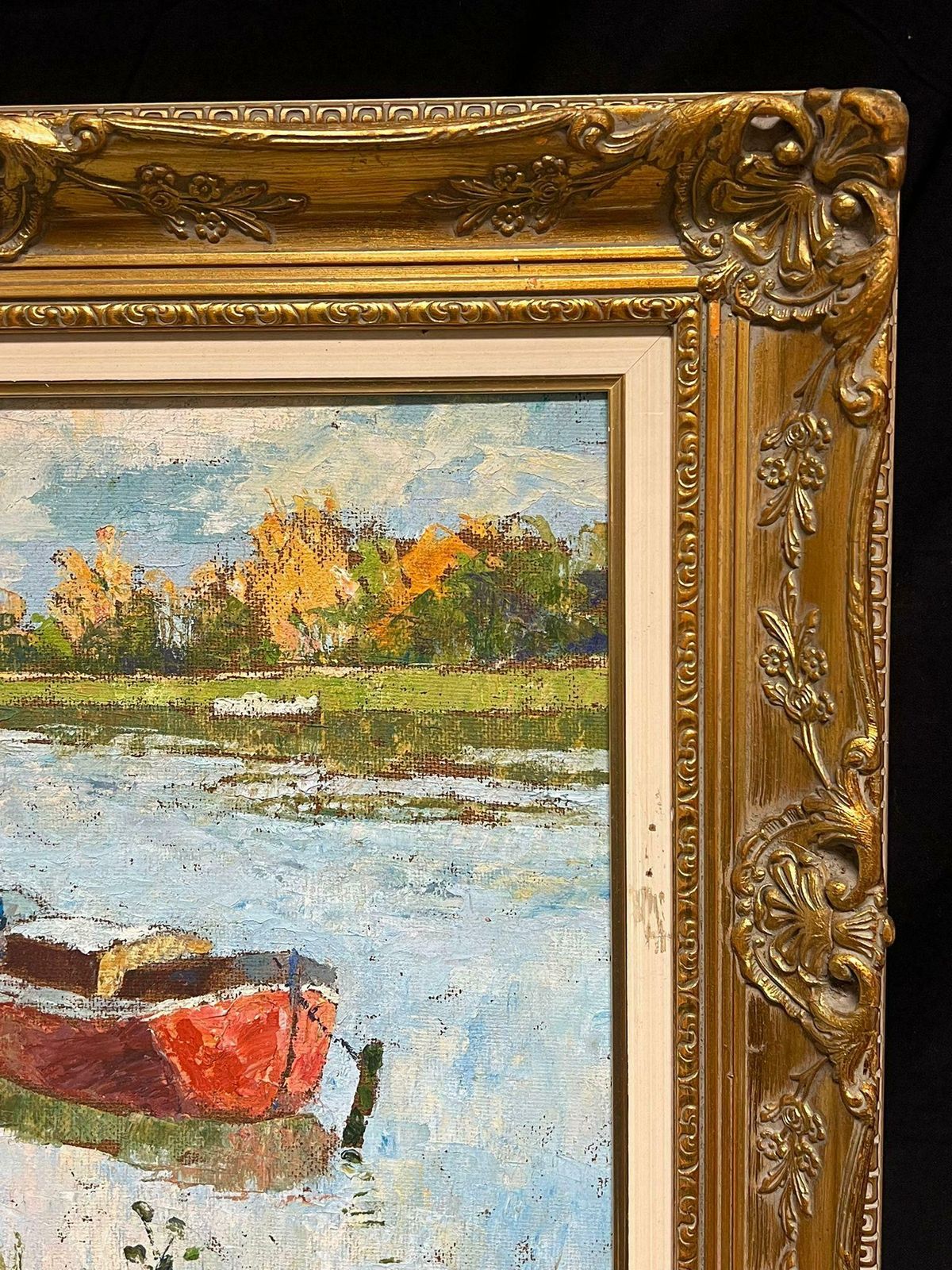 French Schoolmid 20th Century French Modernist Signed Oil River Scene With Red House Boat photo vinterior