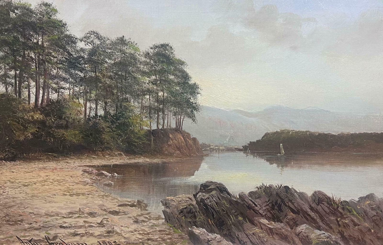 Arthur Grahamantique English Signed Oil Painting 1902 Tranquil Derwentwater Lake District19th Century