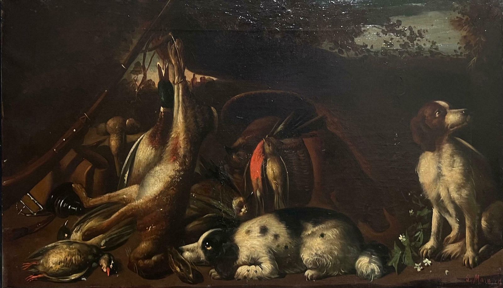 Italian 19th Centurylarge Antique Oil Still Life With Hunting Dogs & Game Classic Sporting Scene19th Century