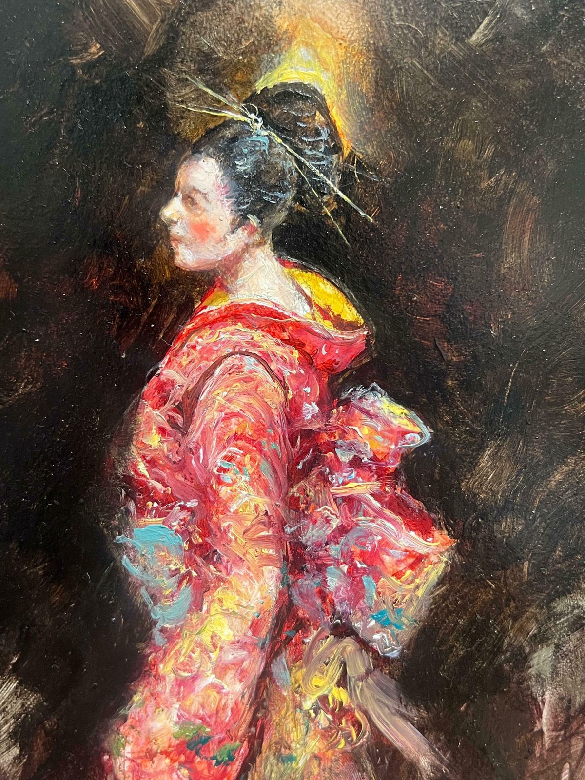 European Schoolradiant In Red Geisha Girl Vibrant Kimono Contemporary Impressionist Portrait photo for sale