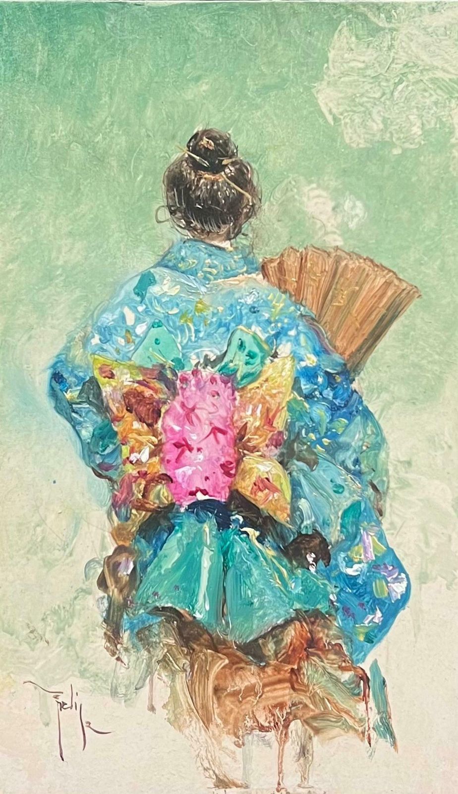 European Schoolgeisha Girl Elegant In Blue Traditional Kimono With Fan Impressionist Portrait20th Century photo furniture