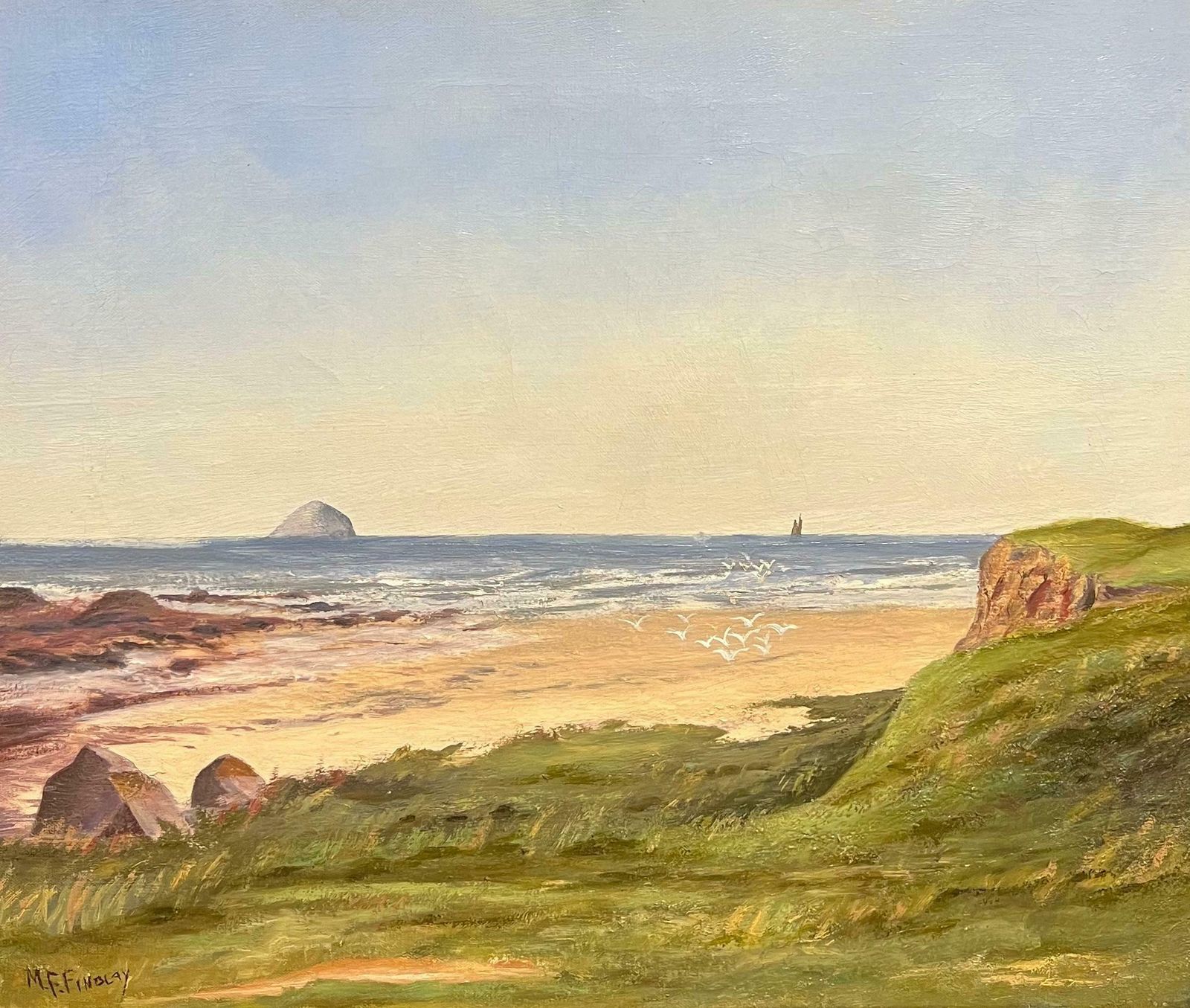 English Schoolantique English Oil Cornish Beach Scene With Distant Island Coastal Landscape1920's photo furniture