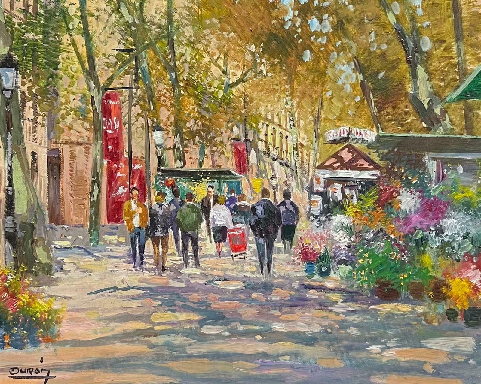 French Schoolmid 20th Century Autumnal Parisian Street Scene With Flower Stalls Signed Oil Mid 20th Century
