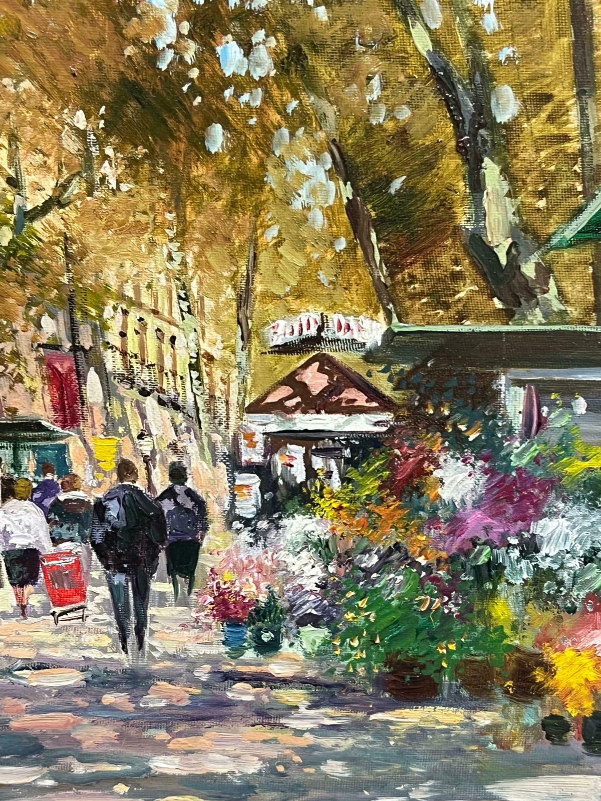 French Schoolmid 20th Century Autumnal Parisian Street Scene With Flower Stalls Signed Oil Mid 20th Century photo for sale