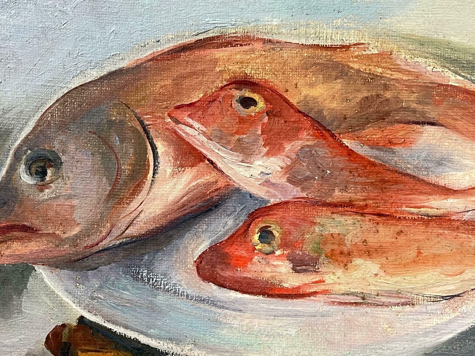 Regine Davidmid 20th Century 1950s French Oil Still Life Pink Fish & Lemons On Plate1950's photo for sale
