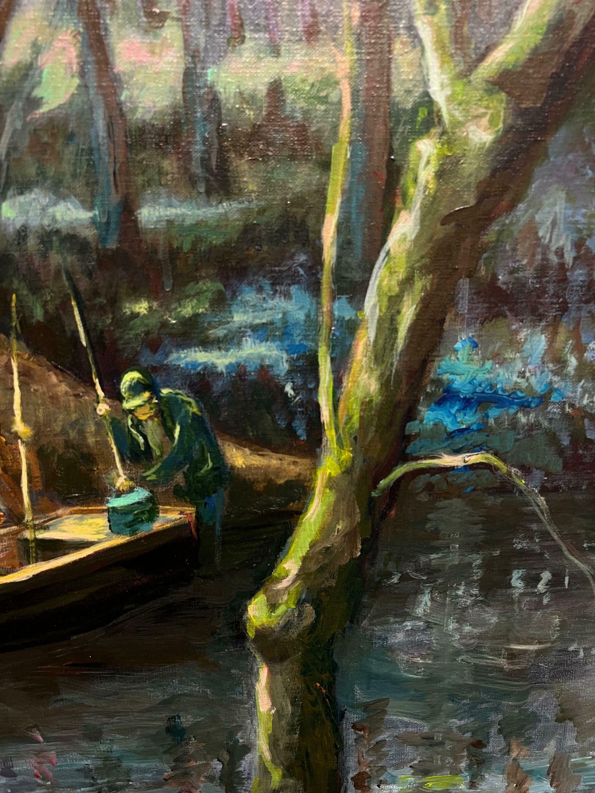 photo furniture Guy Nicod (French 1923   2021) Fishermen In A Forested River Atmospheric French Oil Painting Woodland Scene20th Century