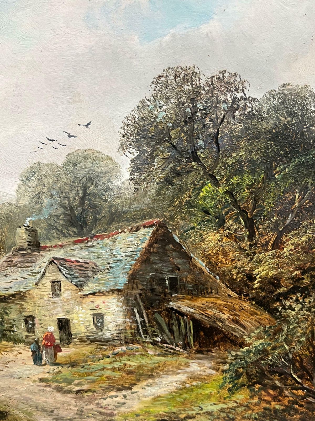 Welsh Schoolantique Welsh Oil Painting Charming Cottage With Figures In Countryside Setting 19th Century photo for sale