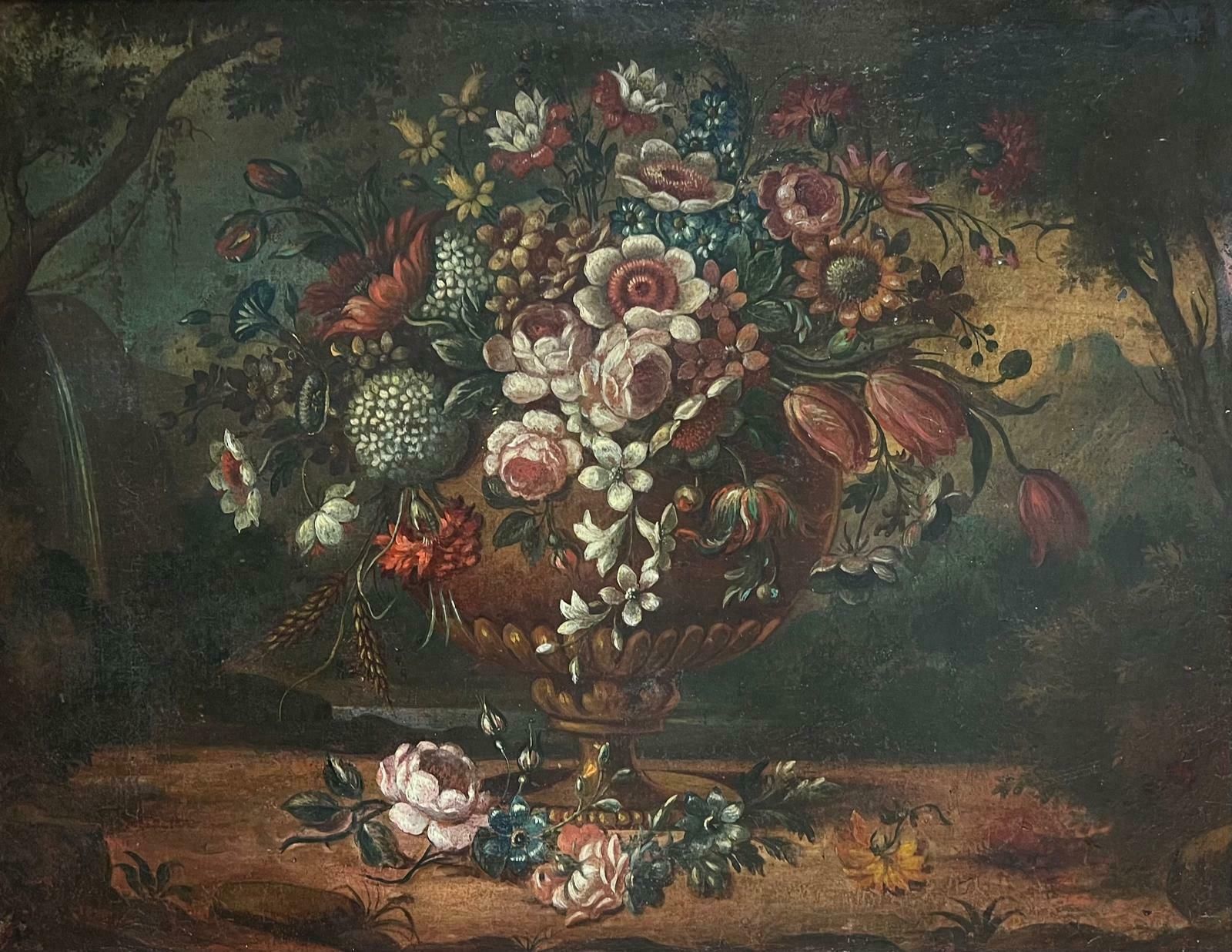 French School18th Century Baroque Oil Still Life Flowers Floral Arrangement In An Ornate Urn18th Century photo furniture