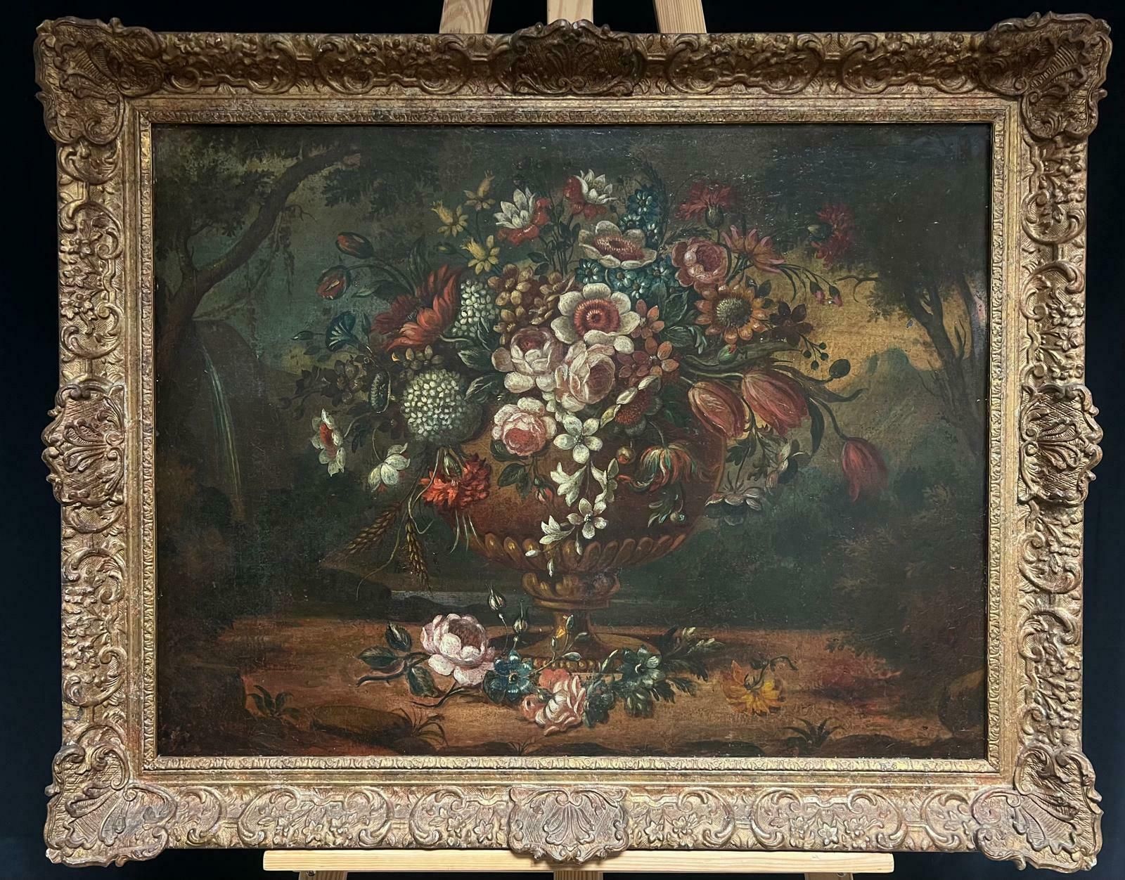 French School18th Century Baroque Oil Still Life Flowers Floral Arrangement In An Ornate Urn18th Century photo for sale