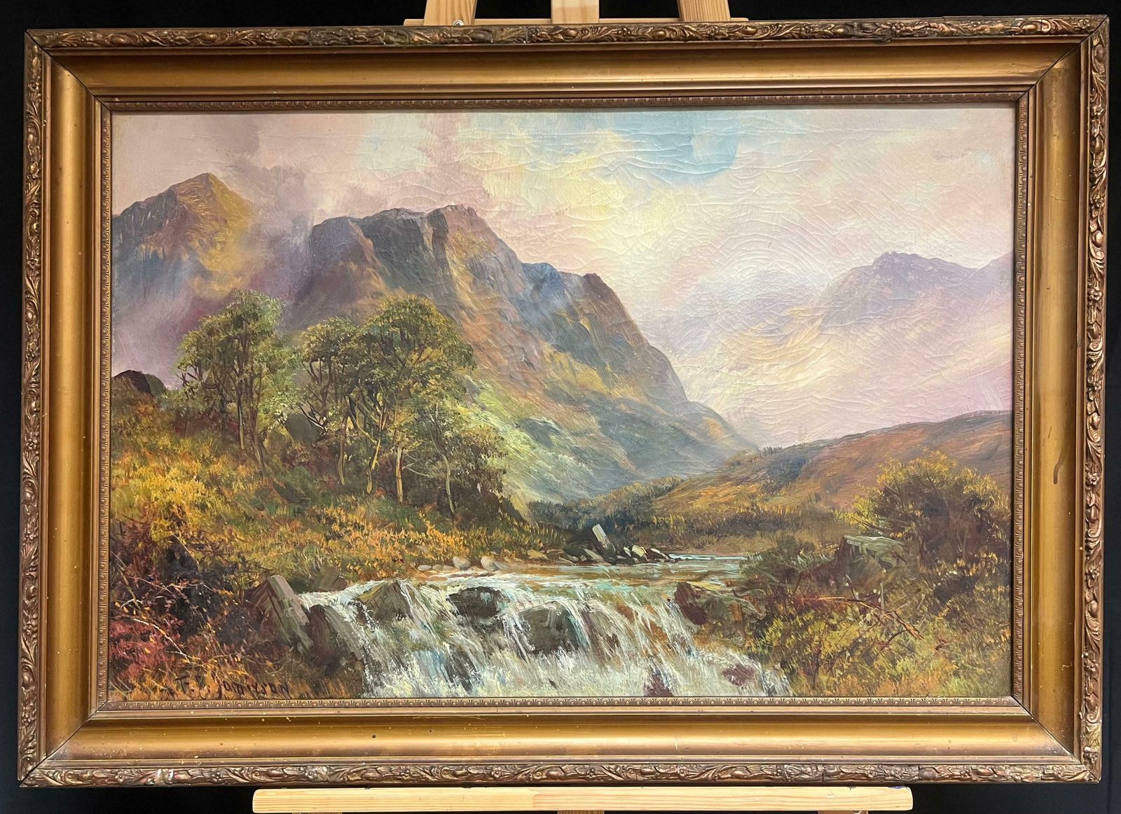 F. E. Jamiesonantique Scottish Oil Highland Waterfall With Distant Mountains Oil Painting 1920's photo furniture
