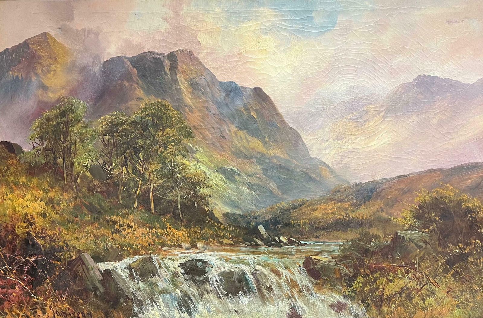 F. E. Jamiesonantique Scottish Oil Highland Waterfall With Distant Mountains Oil Painting 1920's photo for sale