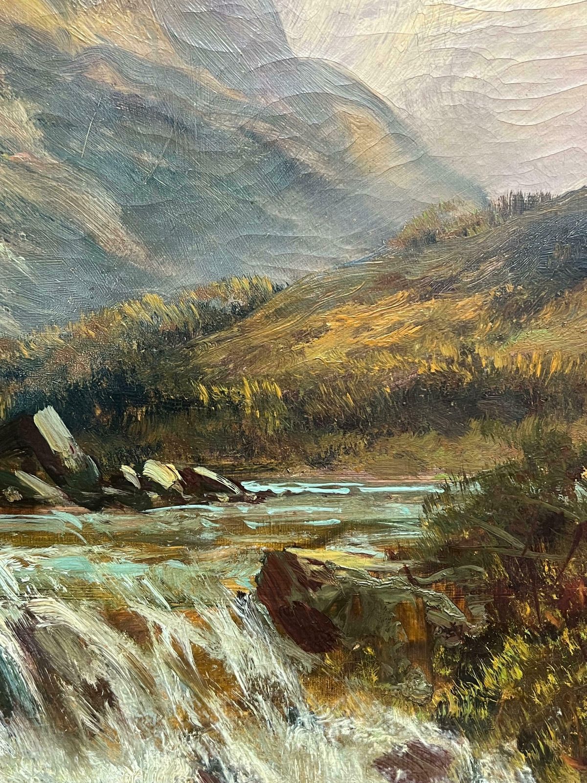photo furniture F. E. Jamiesonantique Scottish Oil Highland Waterfall With Distant Mountains Oil Painting 1920's